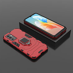 Silicone Matte Finish and Plastic Back Cover Case with Magnetic Finger Ring Stand KC2 for Vivo V23e 5G Red