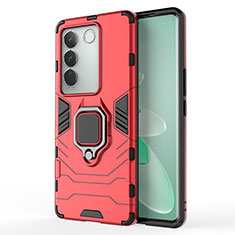 Silicone Matte Finish and Plastic Back Cover Case with Magnetic Finger Ring Stand KC2 for Vivo V27 Pro 5G Red