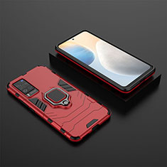 Silicone Matte Finish and Plastic Back Cover Case with Magnetic Finger Ring Stand KC2 for Vivo X60 Pro 5G Red