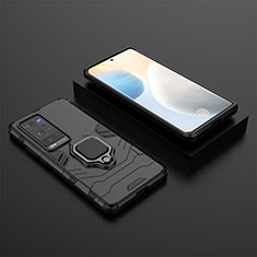 Silicone Matte Finish and Plastic Back Cover Case with Magnetic Finger Ring Stand KC2 for Vivo X60 Pro+ Plus 5G Black