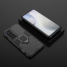 Silicone Matte Finish and Plastic Back Cover Case with Magnetic Finger Ring Stand KC2 for Vivo X70 5G Black