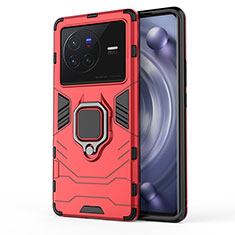 Silicone Matte Finish and Plastic Back Cover Case with Magnetic Finger Ring Stand KC2 for Vivo X80 5G Red