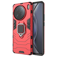 Silicone Matte Finish and Plastic Back Cover Case with Magnetic Finger Ring Stand KC2 for Vivo X90 Pro 5G Red
