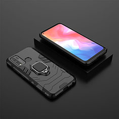 Silicone Matte Finish and Plastic Back Cover Case with Magnetic Finger Ring Stand KC2 for Vivo Y50 Black