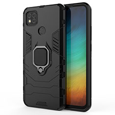 Silicone Matte Finish and Plastic Back Cover Case with Magnetic Finger Ring Stand KC2 for Xiaomi Redmi 9 India Black