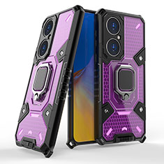 Silicone Matte Finish and Plastic Back Cover Case with Magnetic Finger Ring Stand KC3 for Huawei P50 Pro Purple