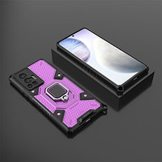 Silicone Matte Finish and Plastic Back Cover Case with Magnetic Finger Ring Stand KC3 for Vivo X70 Pro 5G Purple