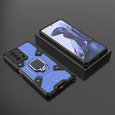 Silicone Matte Finish and Plastic Back Cover Case with Magnetic Finger Ring Stand KC3 for Xiaomi Mi 11T Pro 5G Blue
