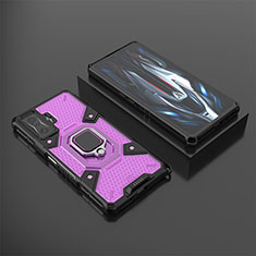 Silicone Matte Finish and Plastic Back Cover Case with Magnetic Finger Ring Stand KC3 for Xiaomi Poco F4 GT 5G Purple