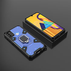 Silicone Matte Finish and Plastic Back Cover Case with Magnetic Finger Ring Stand KC4 for Samsung Galaxy M21 Blue