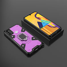 Silicone Matte Finish and Plastic Back Cover Case with Magnetic Finger Ring Stand KC4 for Samsung Galaxy M21 Purple