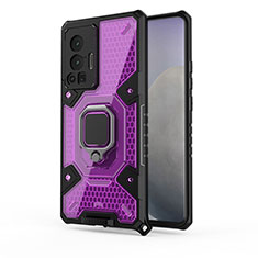 Silicone Matte Finish and Plastic Back Cover Case with Magnetic Finger Ring Stand KC5 for Vivo X70 Pro 5G Purple