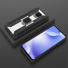 Silicone Matte Finish and Plastic Back Cover Case with Magnetic Finger Ring Stand KC6 for Xiaomi Redmi Note 9 Pro Black