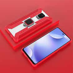 Silicone Matte Finish and Plastic Back Cover Case with Magnetic Finger Ring Stand KC6 for Xiaomi Redmi Note 9 Pro Max Red