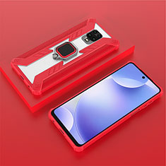 Silicone Matte Finish and Plastic Back Cover Case with Magnetic Finger Ring Stand KC6 for Xiaomi Redmi Note 9 Pro Red