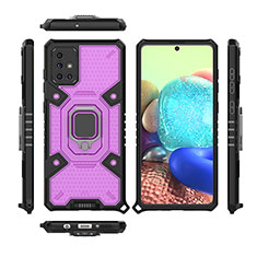 Silicone Matte Finish and Plastic Back Cover Case with Magnetic Finger Ring Stand KC7 for Samsung Galaxy A71 4G A715 Purple