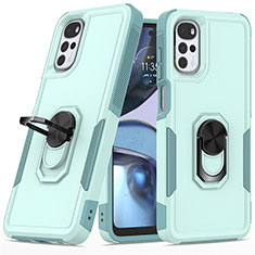 Silicone Matte Finish and Plastic Back Cover Case with Magnetic Finger Ring Stand MQ1 for Motorola Moto G22 Cyan