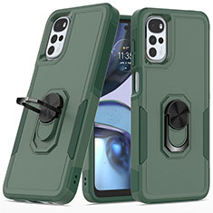 Silicone Matte Finish and Plastic Back Cover Case with Magnetic Finger Ring Stand MQ1 for Motorola Moto G22 Midnight Green