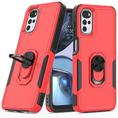 Silicone Matte Finish and Plastic Back Cover Case with Magnetic Finger Ring Stand MQ1 for Motorola Moto G22 Red
