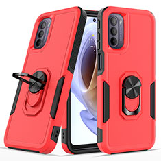 Silicone Matte Finish and Plastic Back Cover Case with Magnetic Finger Ring Stand MQ1 for Motorola Moto G31 Red