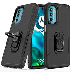Silicone Matte Finish and Plastic Back Cover Case with Magnetic Finger Ring Stand MQ1 for Motorola MOTO G52 Black