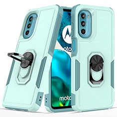 Silicone Matte Finish and Plastic Back Cover Case with Magnetic Finger Ring Stand MQ1 for Motorola MOTO G52 Cyan