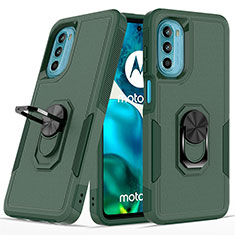 Silicone Matte Finish and Plastic Back Cover Case with Magnetic Finger Ring Stand MQ1 for Motorola MOTO G52 Midnight Green