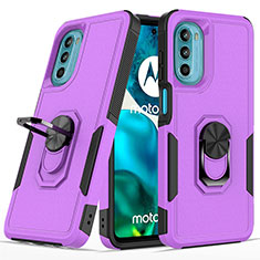 Silicone Matte Finish and Plastic Back Cover Case with Magnetic Finger Ring Stand MQ1 for Motorola MOTO G52 Purple