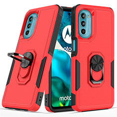 Silicone Matte Finish and Plastic Back Cover Case with Magnetic Finger Ring Stand MQ1 for Motorola MOTO G52 Red