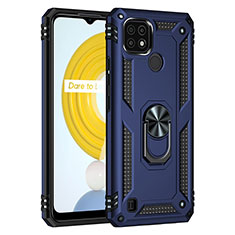 Silicone Matte Finish and Plastic Back Cover Case with Magnetic Finger Ring Stand MQ1 for Realme C21 Blue