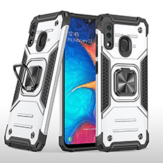 Silicone Matte Finish and Plastic Back Cover Case with Magnetic Finger Ring Stand MQ1 for Samsung Galaxy A20 Silver
