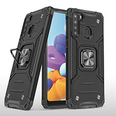 Silicone Matte Finish and Plastic Back Cover Case with Magnetic Finger Ring Stand MQ1 for Samsung Galaxy A21 Black