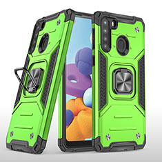 Silicone Matte Finish and Plastic Back Cover Case with Magnetic Finger Ring Stand MQ1 for Samsung Galaxy A21 Green