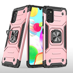 Silicone Matte Finish and Plastic Back Cover Case with Magnetic Finger Ring Stand MQ1 for Samsung Galaxy A41 Rose Gold