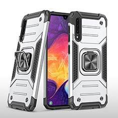 Silicone Matte Finish and Plastic Back Cover Case with Magnetic Finger Ring Stand MQ1 for Samsung Galaxy A50 Silver