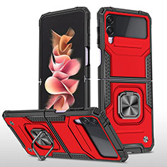 Silicone Matte Finish and Plastic Back Cover Case with Magnetic Finger Ring Stand MQ1 for Samsung Galaxy Z Flip3 5G Red