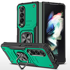 Silicone Matte Finish and Plastic Back Cover Case with Magnetic Finger Ring Stand MQ1 for Samsung Galaxy Z Fold3 5G Midnight Green