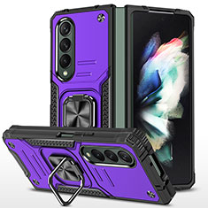 Silicone Matte Finish and Plastic Back Cover Case with Magnetic Finger Ring Stand MQ1 for Samsung Galaxy Z Fold3 5G Purple