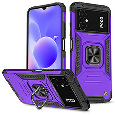Silicone Matte Finish and Plastic Back Cover Case with Magnetic Finger Ring Stand MQ1 for Xiaomi Poco M4 5G Purple