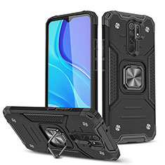 Silicone Matte Finish and Plastic Back Cover Case with Magnetic Finger Ring Stand MQ1 for Xiaomi Redmi 9 Black