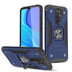 Silicone Matte Finish and Plastic Back Cover Case with Magnetic Finger Ring Stand MQ1 for Xiaomi Redmi 9 Blue