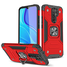 Silicone Matte Finish and Plastic Back Cover Case with Magnetic Finger Ring Stand MQ1 for Xiaomi Redmi 9 Prime India Red