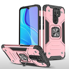 Silicone Matte Finish and Plastic Back Cover Case with Magnetic Finger Ring Stand MQ1 for Xiaomi Redmi 9 Prime India Rose Gold