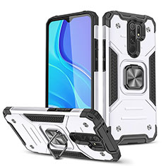Silicone Matte Finish and Plastic Back Cover Case with Magnetic Finger Ring Stand MQ1 for Xiaomi Redmi 9 Prime India Silver