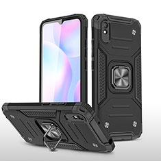 Silicone Matte Finish and Plastic Back Cover Case with Magnetic Finger Ring Stand MQ1 for Xiaomi Redmi 9AT Black