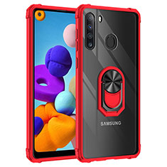 Silicone Matte Finish and Plastic Back Cover Case with Magnetic Finger Ring Stand MQ2 for Samsung Galaxy A21 Red