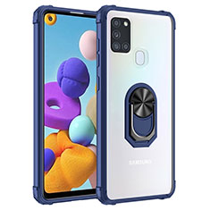 Silicone Matte Finish and Plastic Back Cover Case with Magnetic Finger Ring Stand MQ2 for Samsung Galaxy A21s Blue
