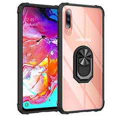 Silicone Matte Finish and Plastic Back Cover Case with Magnetic Finger Ring Stand MQ2 for Samsung Galaxy A70 Black