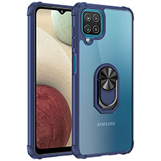 Silicone Matte Finish and Plastic Back Cover Case with Magnetic Finger Ring Stand MQ2 for Samsung Galaxy M12 Blue