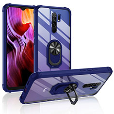Silicone Matte Finish and Plastic Back Cover Case with Magnetic Finger Ring Stand MQ2 for Xiaomi Redmi 9 Prime India Blue